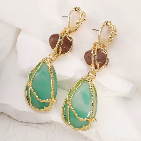Zara Gold Green Stone Drop Earrings - Picture 6 of 10